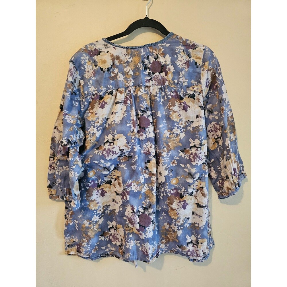Dress Barn blue, brown, cream Bohemian Boho Floral Top V-neck Tie Top Sz 14-16 - Picture 3 of 5